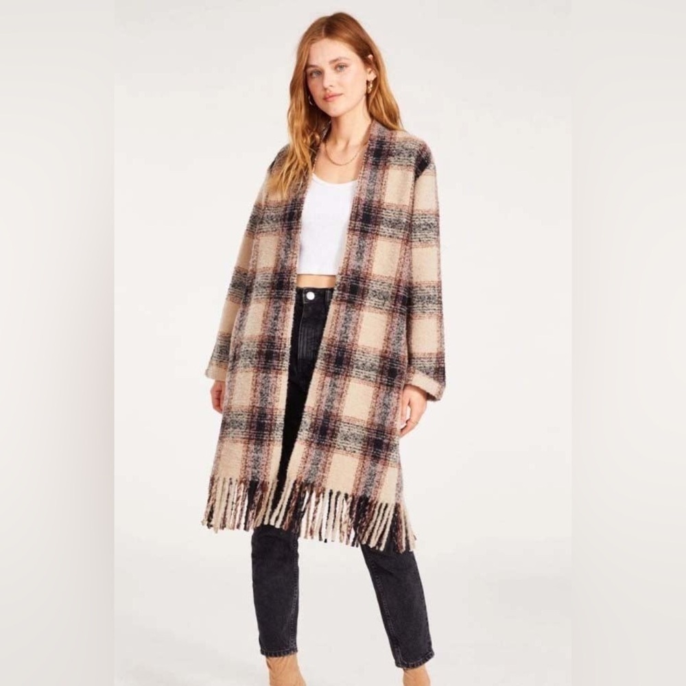 BB Dakota Steve Madden Cardigan Jacket Coat Pockets Plaid Brown Black Medium